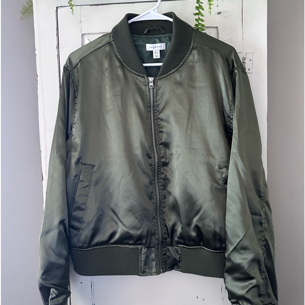 Topshop Satin Bomber Jacket Green